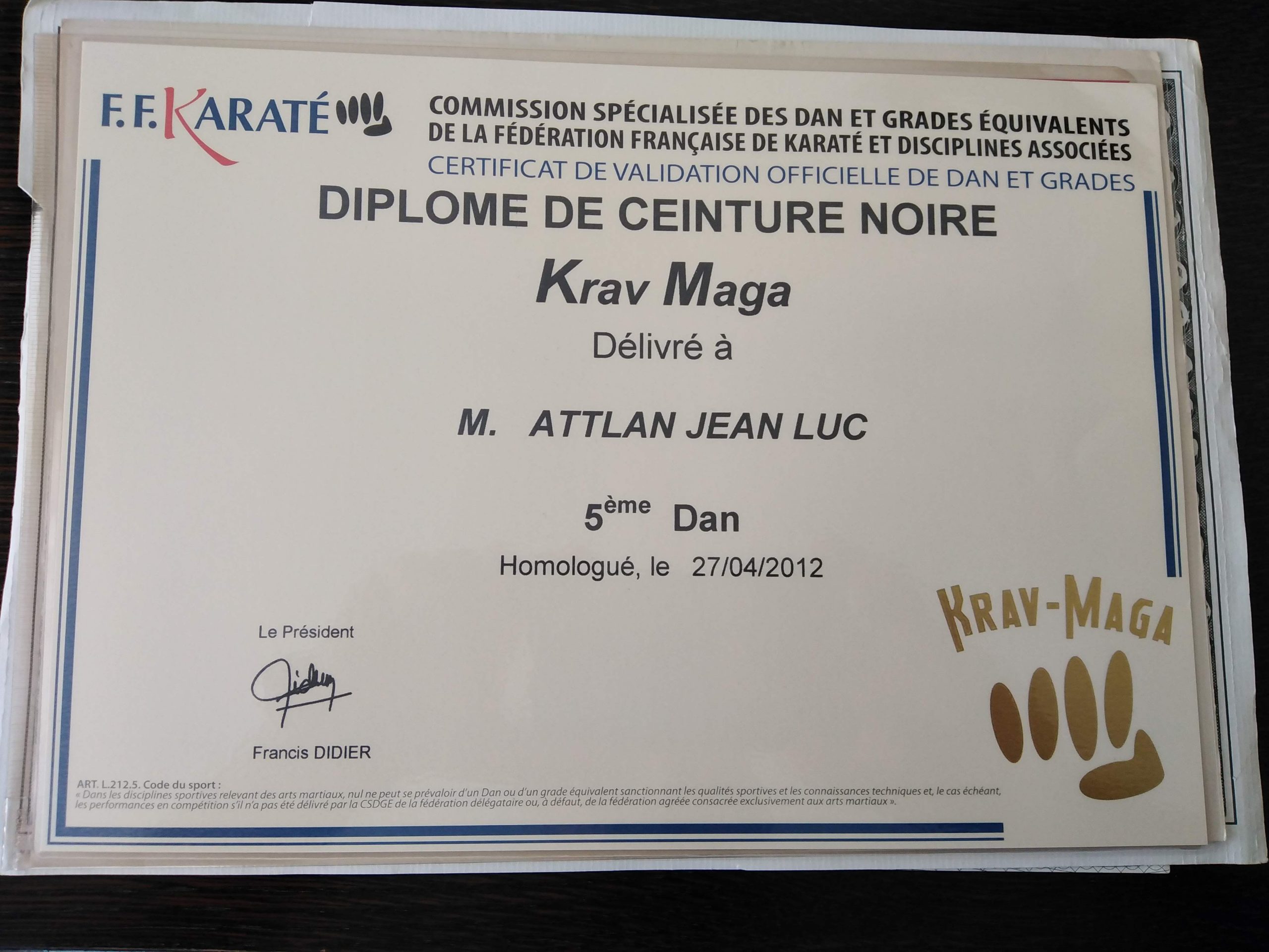 Diplôme Ceinture Noire 5ème Dan